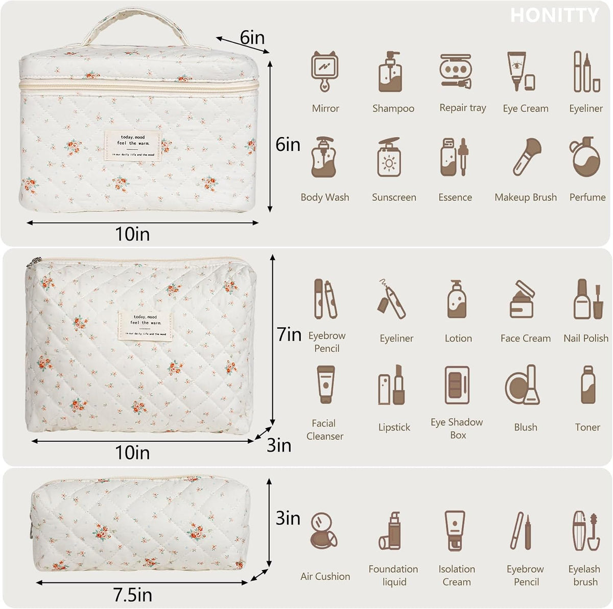 honitty Makeup Bag,Quilted Cosmetic Bags for Women