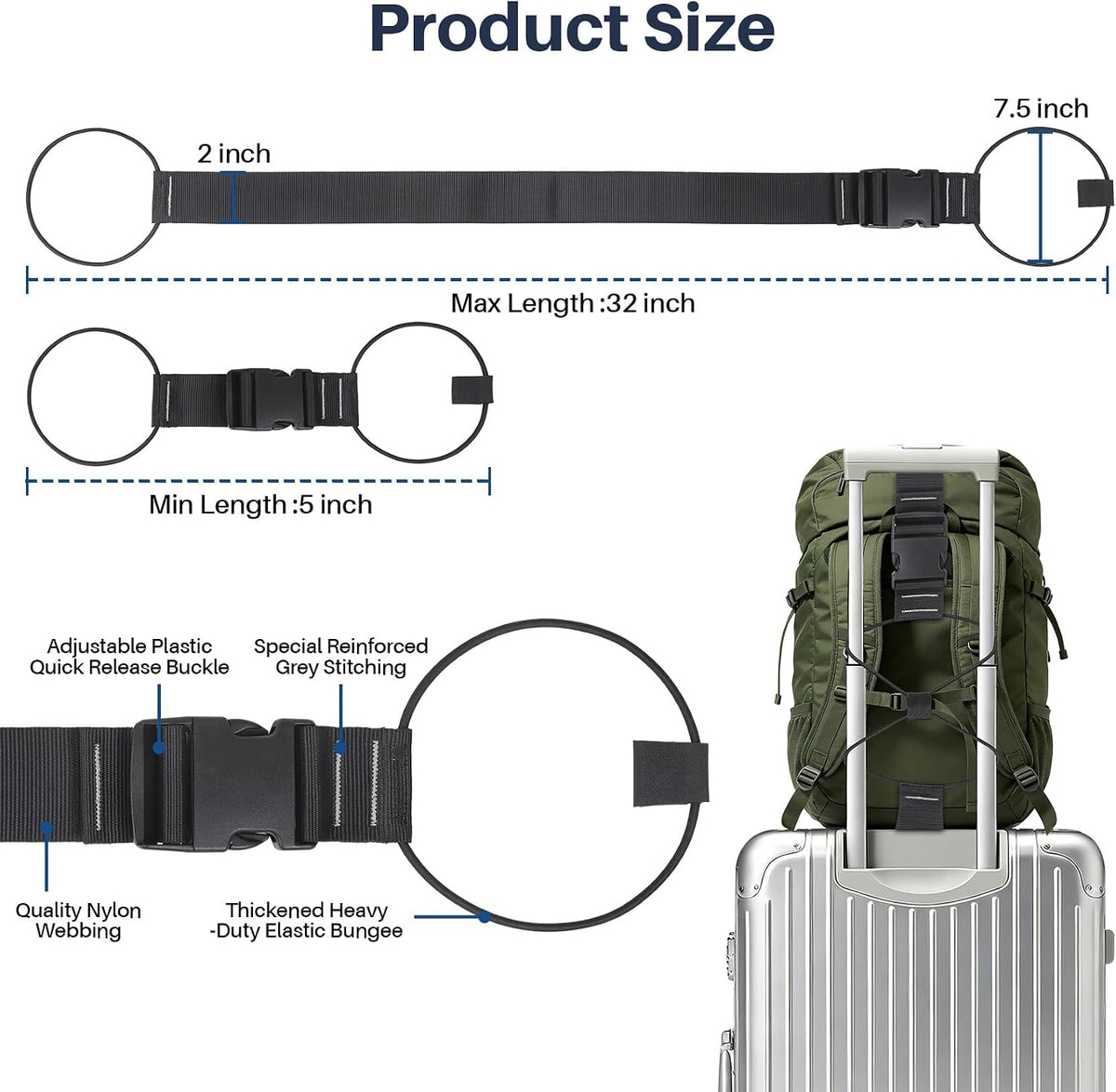 Adjustable Elastic Luggage Bungee Connector Straps, Carry-On Suitcase Add Bag Travel Strap Black 2pcs