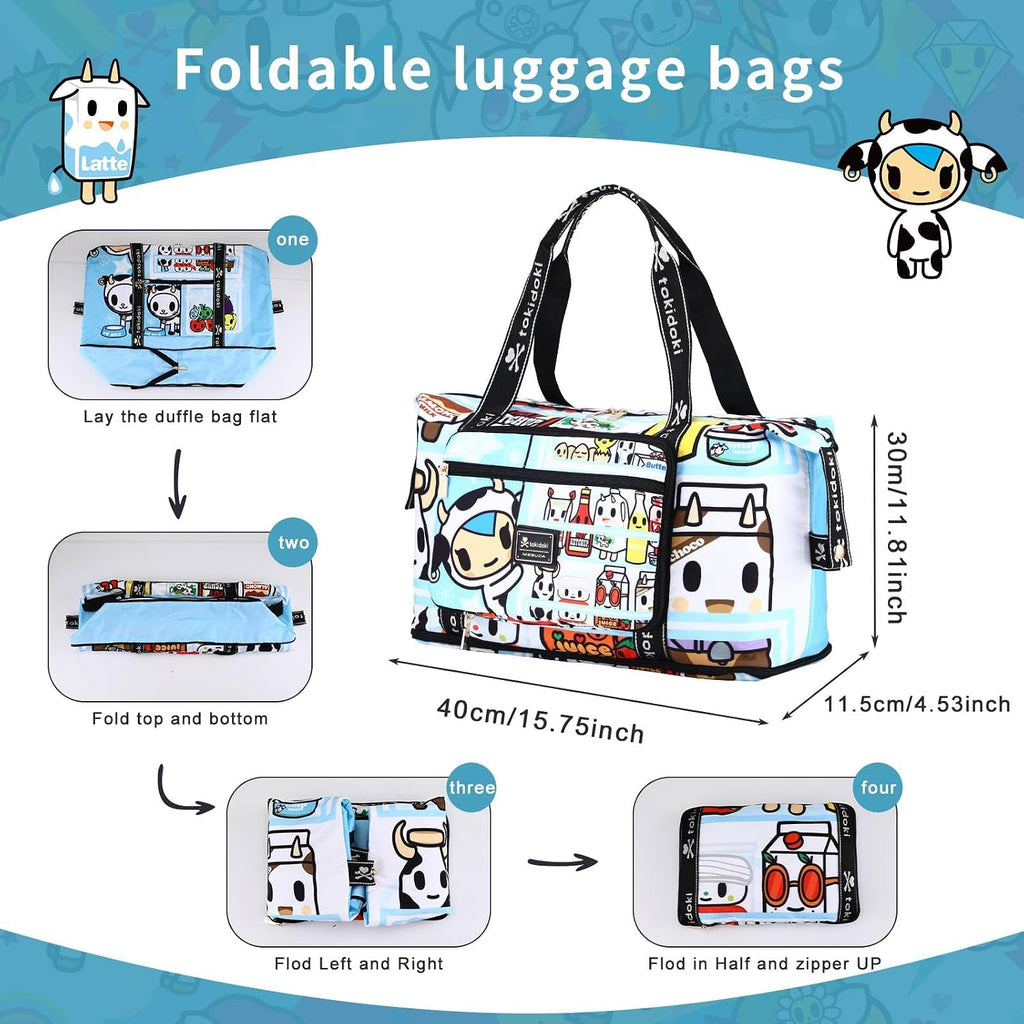 Tokidoki Unicorno Foldable Duffle Bag for Travel, 40L Expandable Weekender Bags with Trolley Sleeve Overnight Bags for Travelling (Blue)