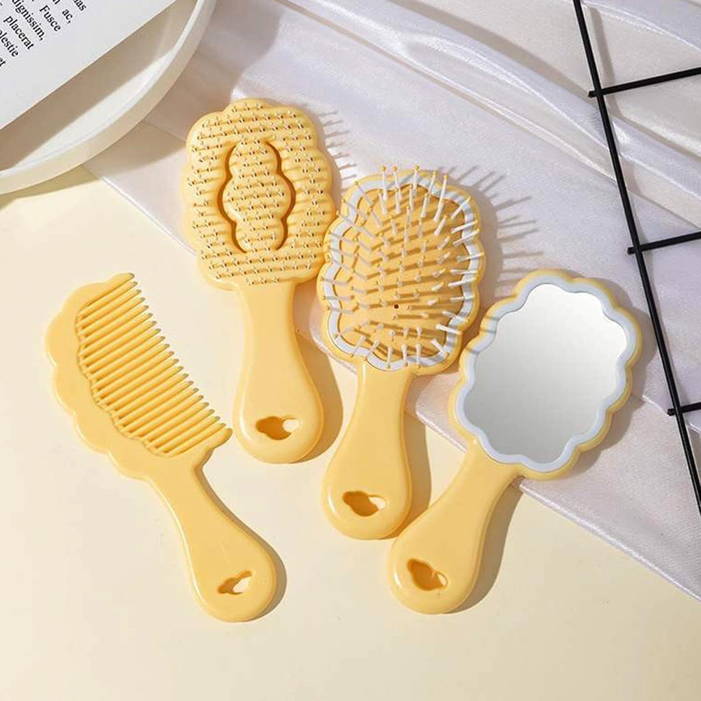 4 Pieces Mini Wet Hair Brush Hair Comb Set For Women Girls Kids Gift Small Cute Cloud shaped Hair Comb Hair Brush Handheld Mirror Set Travel Detangling Comb Massage HairBrush with Air Cushion (Yellow)