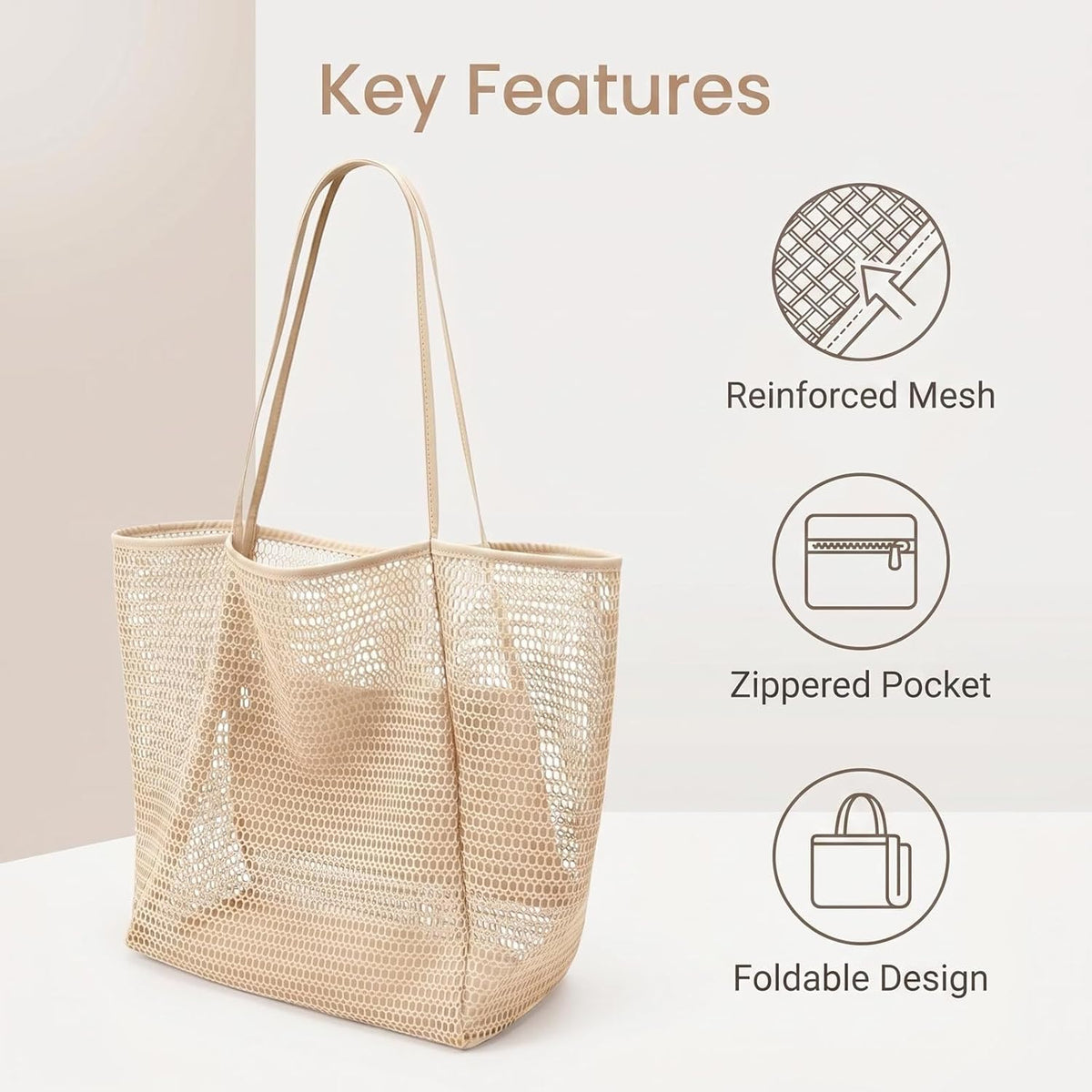 Women's Beach Bags, Lightweight Mesh Tote Bag, Sandproof Woven Shoulder Handbag with Zipper Pocket for Pool Travel