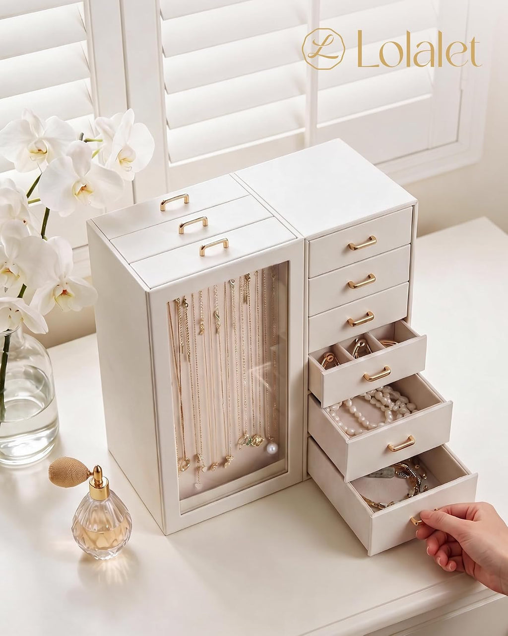 Lolalet Large Jewelry Box Organizer for Women, PU Leather Jewelry Case with Necklace Holder & Multiple Drawers, Tabletop Dresser Storage for Earrings Rings Chains, Gift for Girls -L, Beige