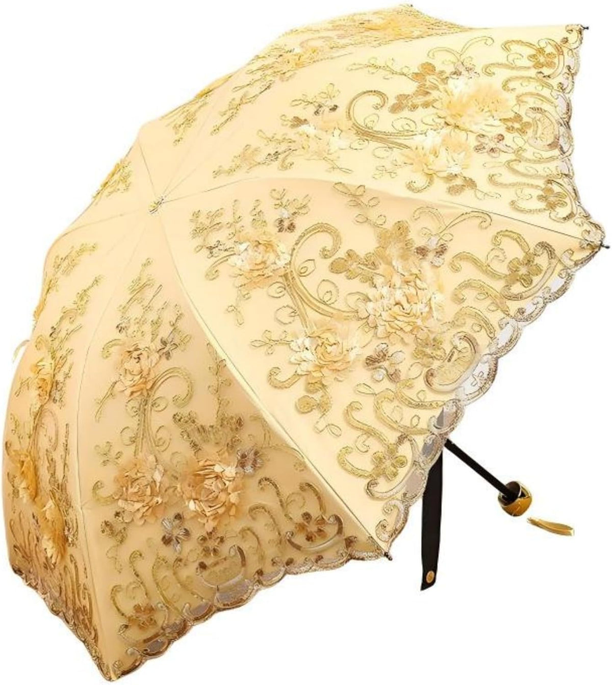 Foldable Lace Sun Parasol UPF 50+ UV Protection Flower Embroidery Vintage Umbrella