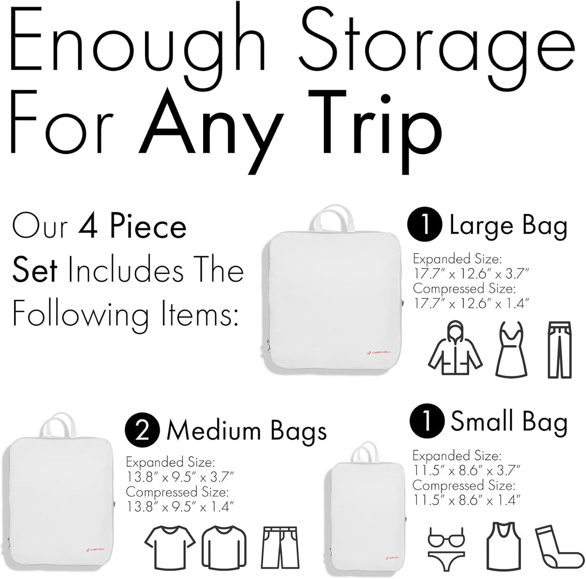 (Not Made In China) Packing Cubes For Travel Compression, Expandable Luggage Organizers for Suitcases, Space Saving Bags for Carry On, Large Travel Organizers, 4 Piece Set