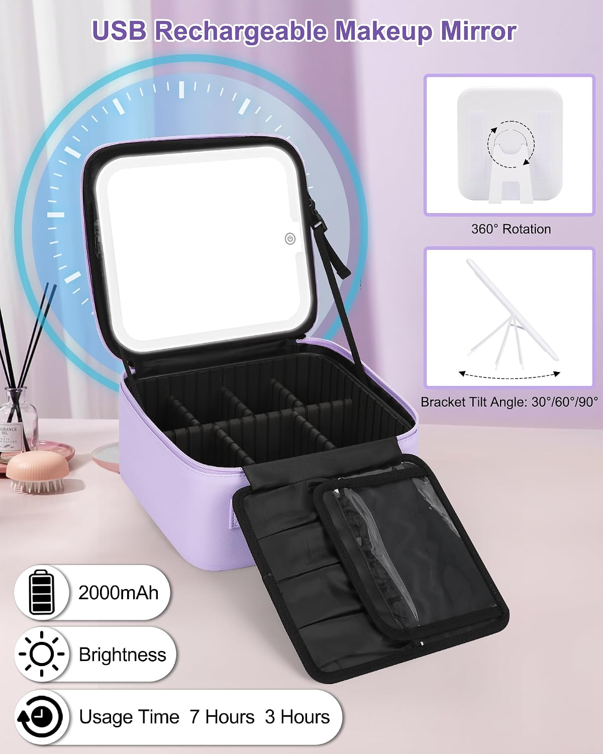 Relavel Initial Makeup Bag, Mothers Day Gifts for Mom, Birthday Gifts for Women, Makeup Case with LED Mirror, Monogram Cosmetic Bag Train Case, Personalized Gifts for Girls Friends Wife, Purple M