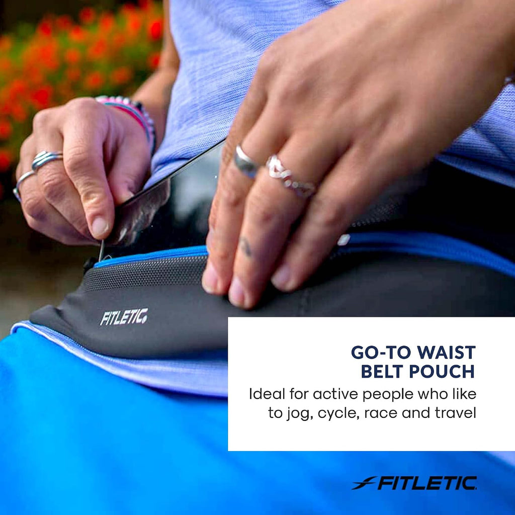 Fitletic Bolt Double Pocket Running Belt & Active Fanny Pack For Men & Women – Water Resistant, Lightweight Sleek Design – Patented No Bounce Hip Hugging Fit – Holds Any Phone
