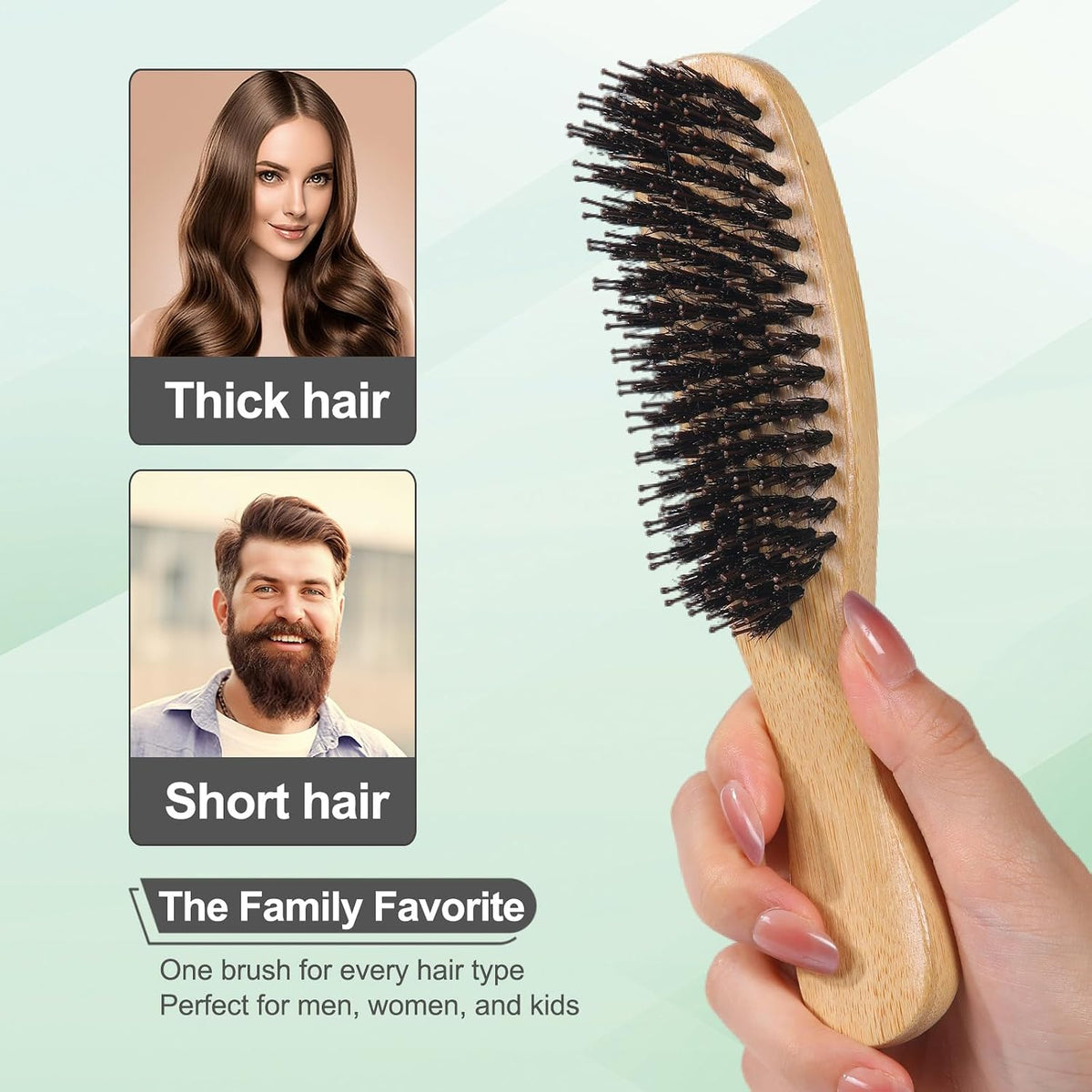 PERFEHAIR Boar Bristle Hair Brush, Bamboo Handle Mini Brush, 7.5 in