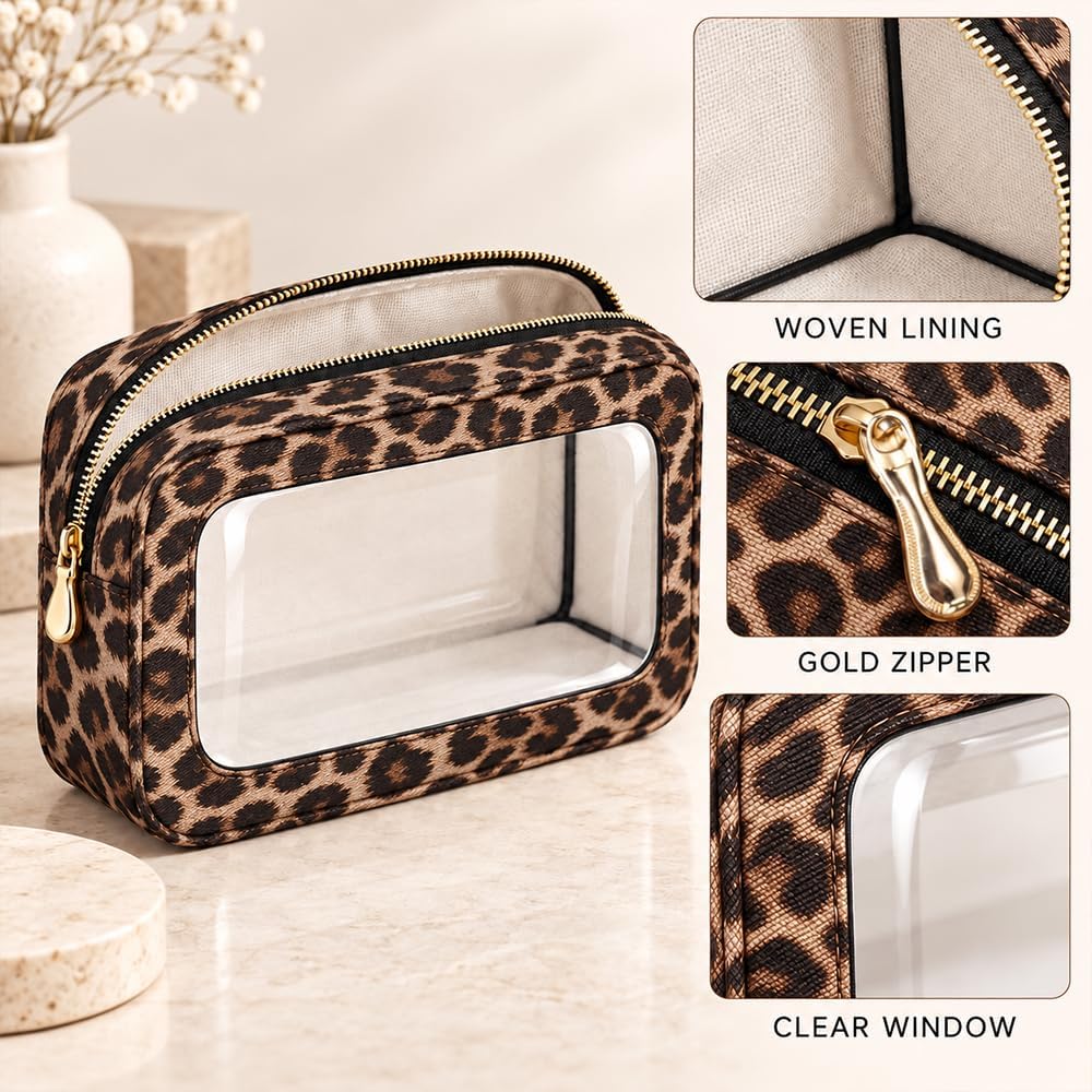 3 Piece Travel Clear Makeup Bag Set, Waterproof Cosemetic Bag with Makeup Brush Bag Make up Pouch Zipper TSA Approved Toiletry Bags for Traveling Car Accessory Bag