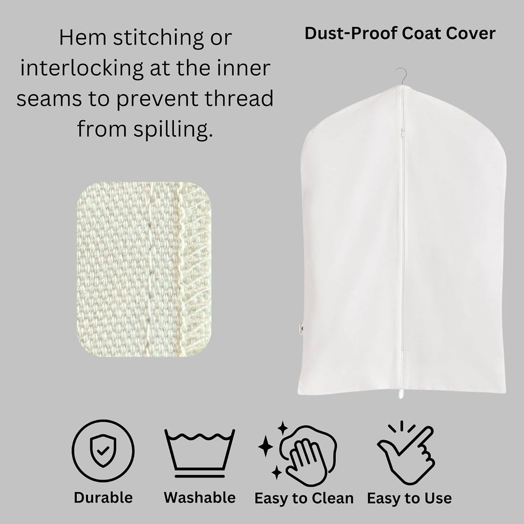 Premium 100% Cotton Garment Bags – 40" Off-White Canvas Suit Cover with YKK Zipper – Moth Protector, Breathable, Machine Washable, Cover for Coats, Dresses, Jackets & Travel