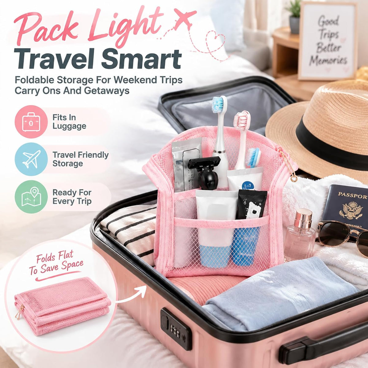Travel Toiletry Bag Bathroom Organizer Mesh Zipper Standing Pouch Freestanding Waterproof Storage for Women Clear Makeup Small Hanging Toiletries Stand Shower Caddy Away Dust Proof Upright