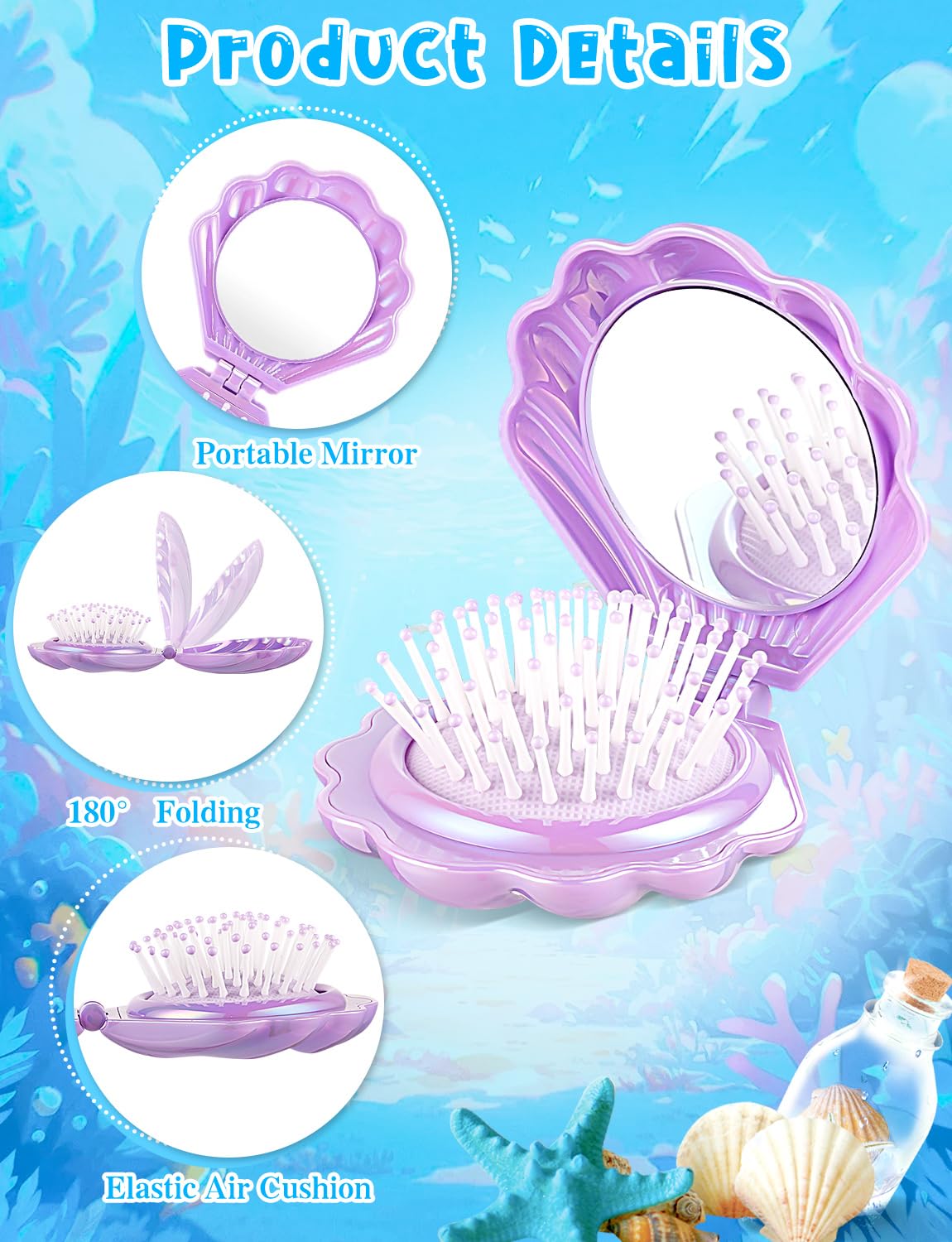 8 Pcs Foldable Travel Shell Hair Brush with Mirror