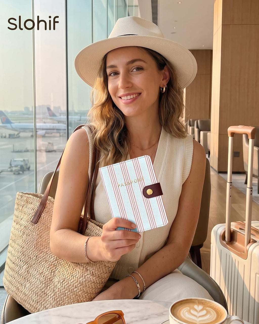 Slohif RFID Passport Holder for Travel with Airtag Hidden Slot Blue Stripe