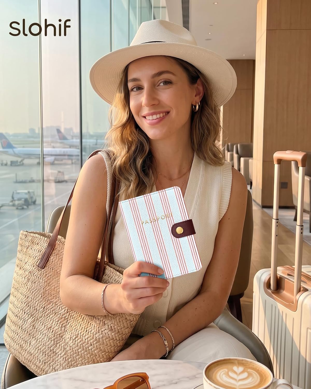 Slohif RFID Passport Holder for Travel with Airtag Hidden Slot Blue Stripe