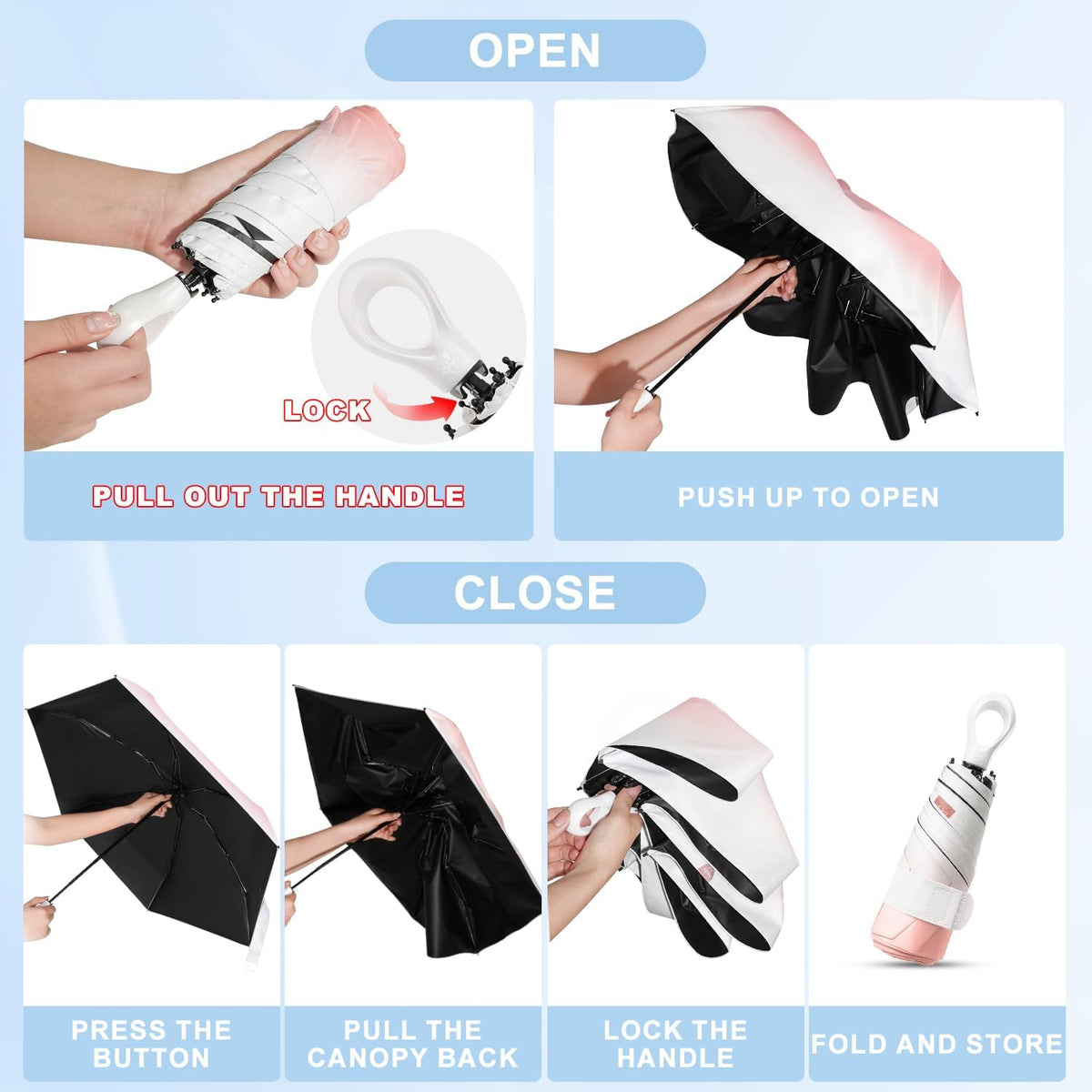 Gradient UV Umbrella UPF 50+, Mini Sun Parasol Foldable Compact Travel Size