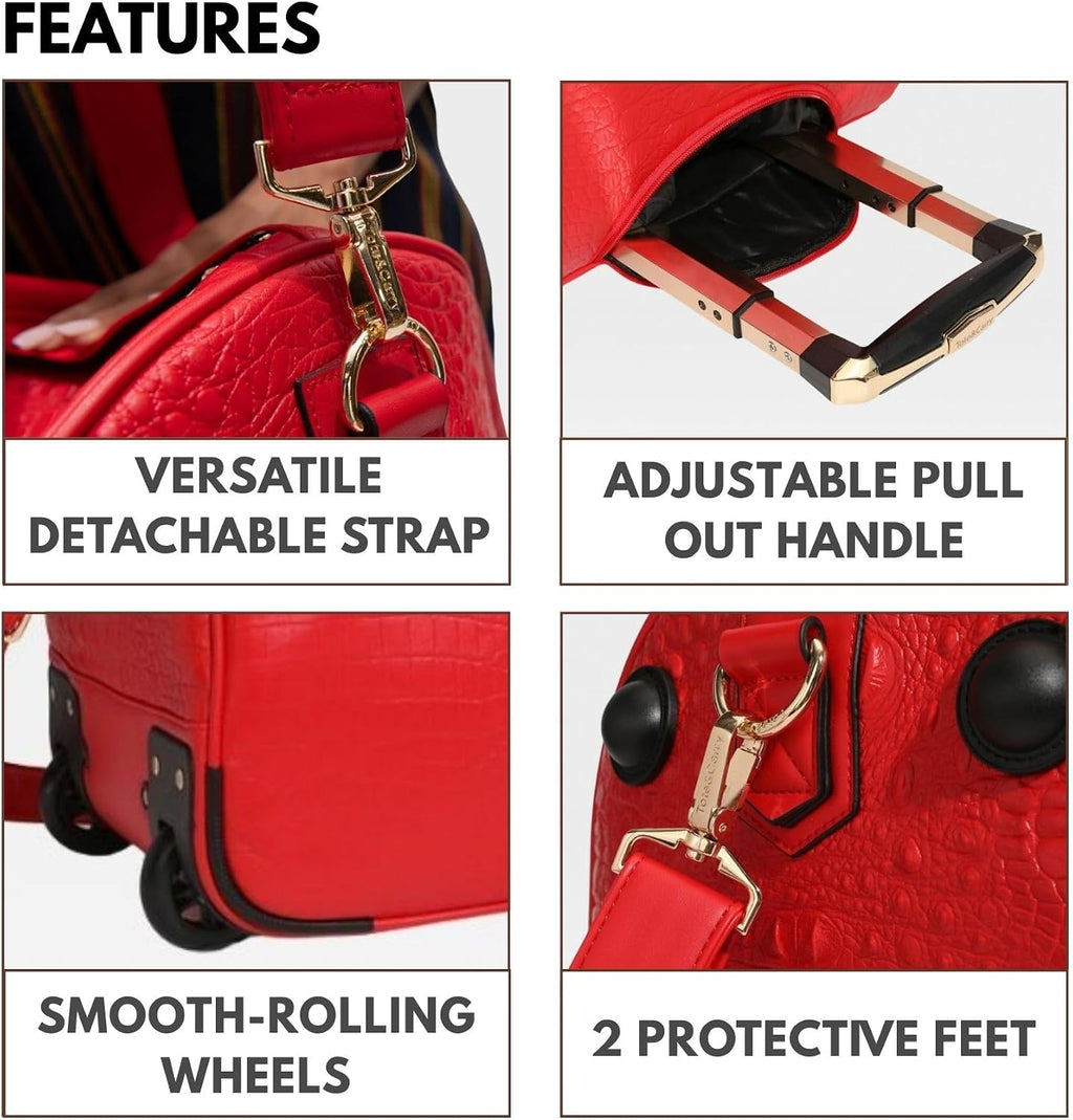 Tote&Carry Apollo 2 Large Rolling Duffle Bag with Wheels, Carry-On Roll Duffel for Travel, Gym, Sports, Daily, Weekend & All-Purpose Use for Men & Women (Crocodile Skin, Red)
