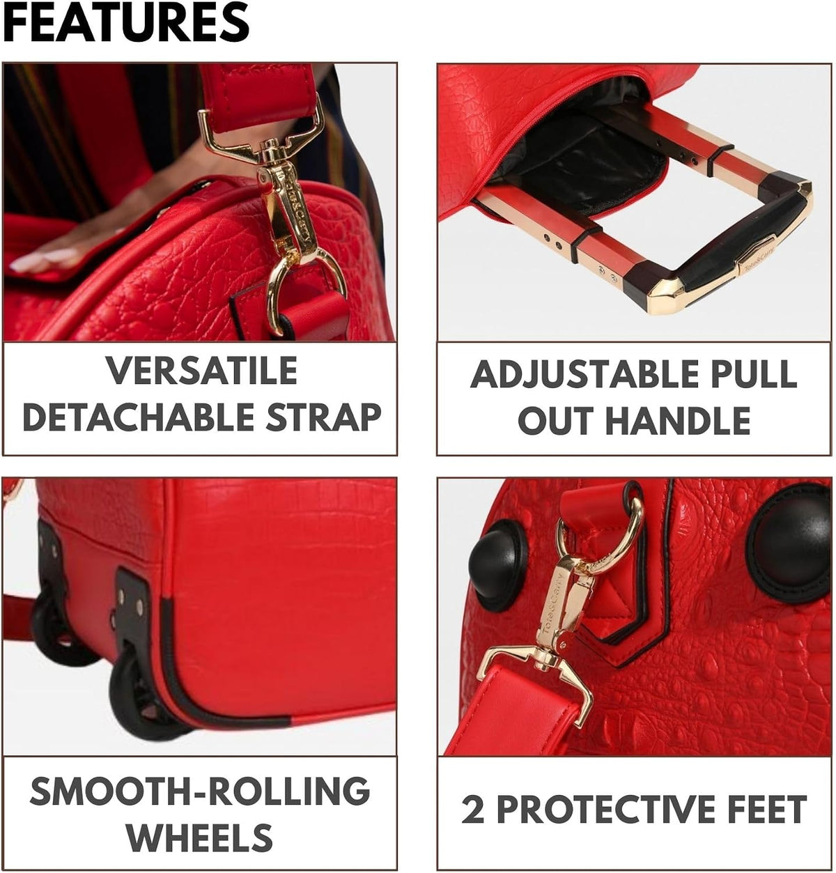 Tote&Carry Apollo 2 Large Rolling Duffle Bag with Wheels, Carry-On Roll Duffel for Travel, Gym, Sports, Daily, Weekend & All-Purpose Use for Men & Women (Crocodile Skin, Red)