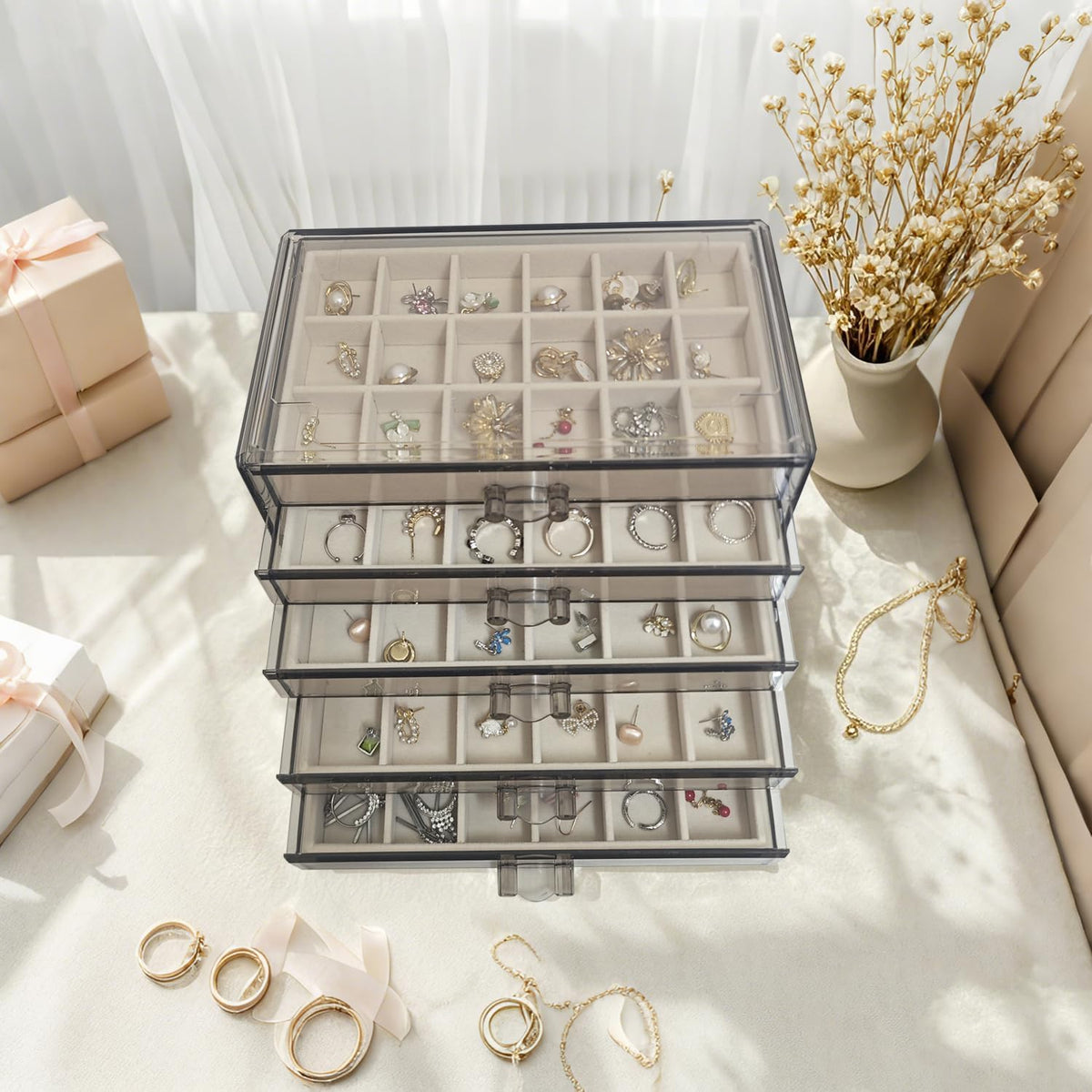 Acrylic Earring Holder Organizer with 5 Drawers Clear Earring Organizer Box with 90 Adjustable Grids Velvet Earring Display Case Jewelry Organizer for Earrings Rings Studs (Brown Beige)
