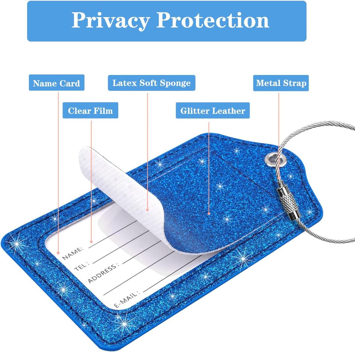 (Set of 2) Luggage Tag Leather Privacy Cover ID Label Address Card with Stainless Steel Loop, Travel Bag Tags Suitcase Labels, Glitter Dark Blue
