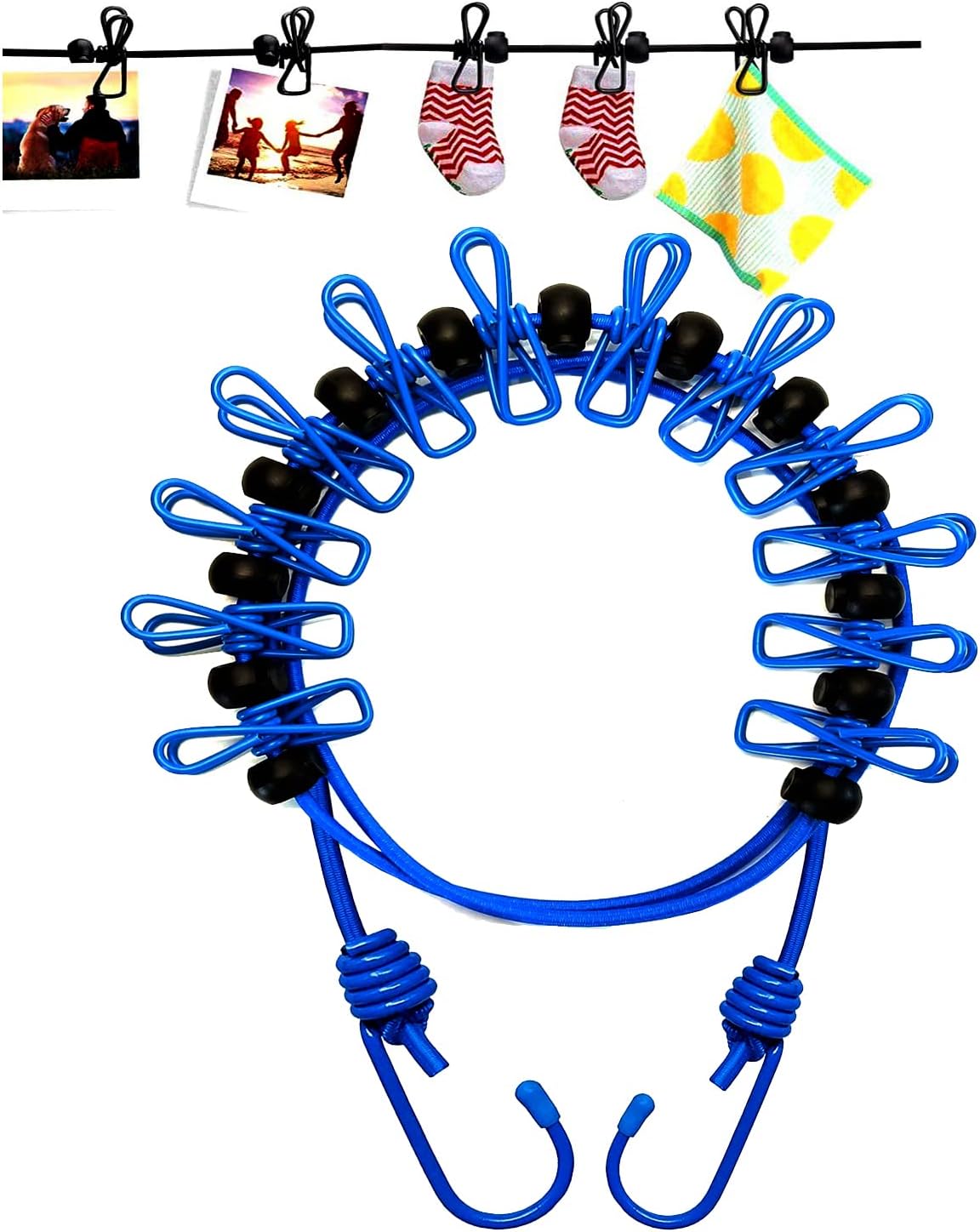 1 Pack Portable Clothesline with 12 Clothespins, Travel Clothesline Stretchy Retractable Elastic Laundry Clothes Line for Backyard, Vacation Hotel, Balcony Clothes Drying Line (Blue)