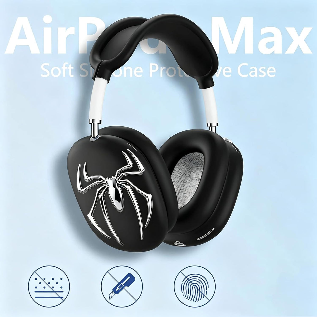 [4 in 1] Case Cover for AirPods Max 2/1 (2026/2024/2020) Ear Pad Case Cover/Headband Cover/Ear Cups with 3D Spider for Apple AirPods Max Headphones (Black)