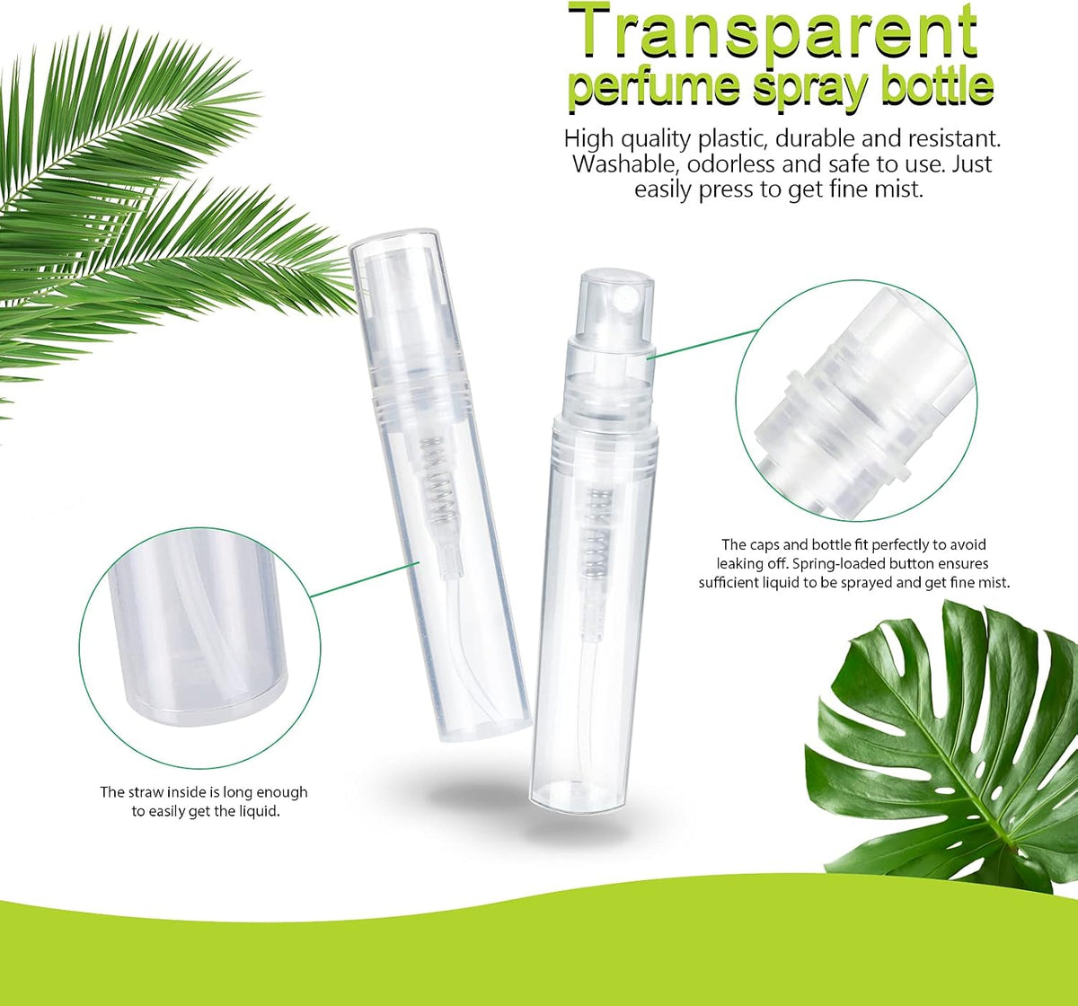 Fandamei 60 Pack 3ml Mini Spray Bottle, Clear Plastic Empty Cute Perfume Atomizer Bottle for Cleaning, Travel, Essential Oils, Perfume.