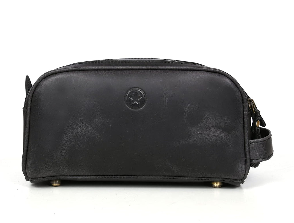 10" Premium Leather Toiletry Travel Pouch With Waterproof Lining Black Color | King-Size Handcrafted Vintage Shaving Kit By Aaron Leather Goods (Florida Black)