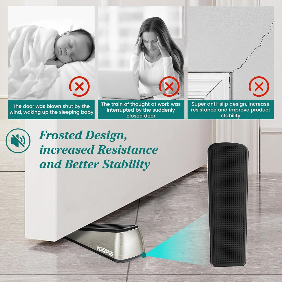 1 Pack Rubber Door Stopper Wedge - Heavy Duty Door Stoppers Stop Wedge Made of Premium Quality Brushed Stainless Steel, Wall Protector for Home & School with Self Adhesive Holder Satin Nickel