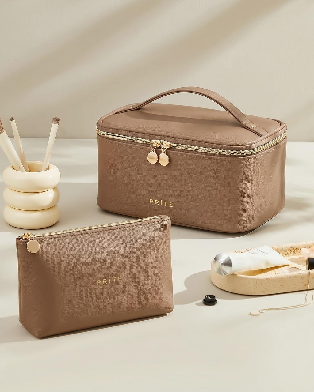 Prite Makeup Bag Travel Cosmetic Case, Toiletry Bag Organizer, Brown Set