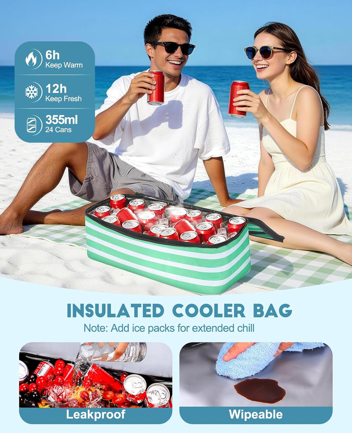 ISEYOU Beach Bag with Cooler, 49L Large Waterproof Sandproof Tote with Zipper, Foldable Travel Bag for Beach, Pool, Picnic