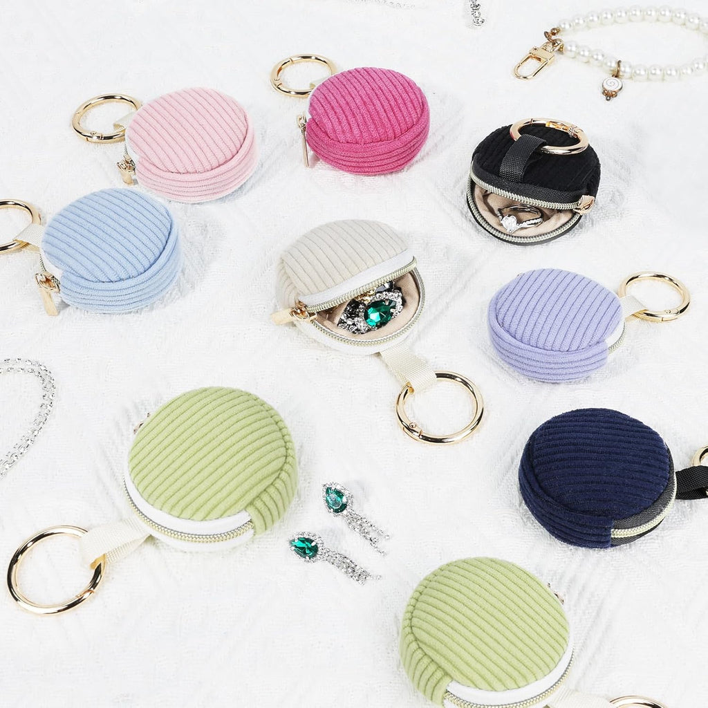 Jewelry Ring Holder Keychain, Portable Jewelry Holder Storage Box with Buckle, Corduroy Small Travel Ring Keeper Case for Rings, Earrings, Stud, Necklaces (Rose Red)