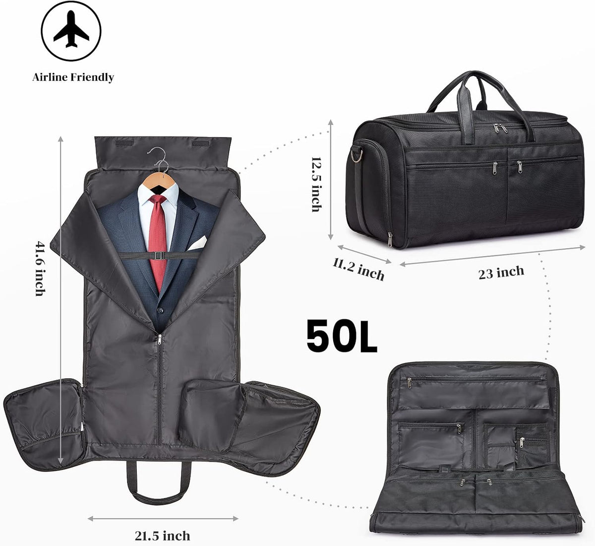 S-ZONE 50L Convertible Travel Garment Bag Carry on Garment Duffel Bag for Men Women 2 in 1 Hanging Suitcase Suit Business Travel Bag, Black