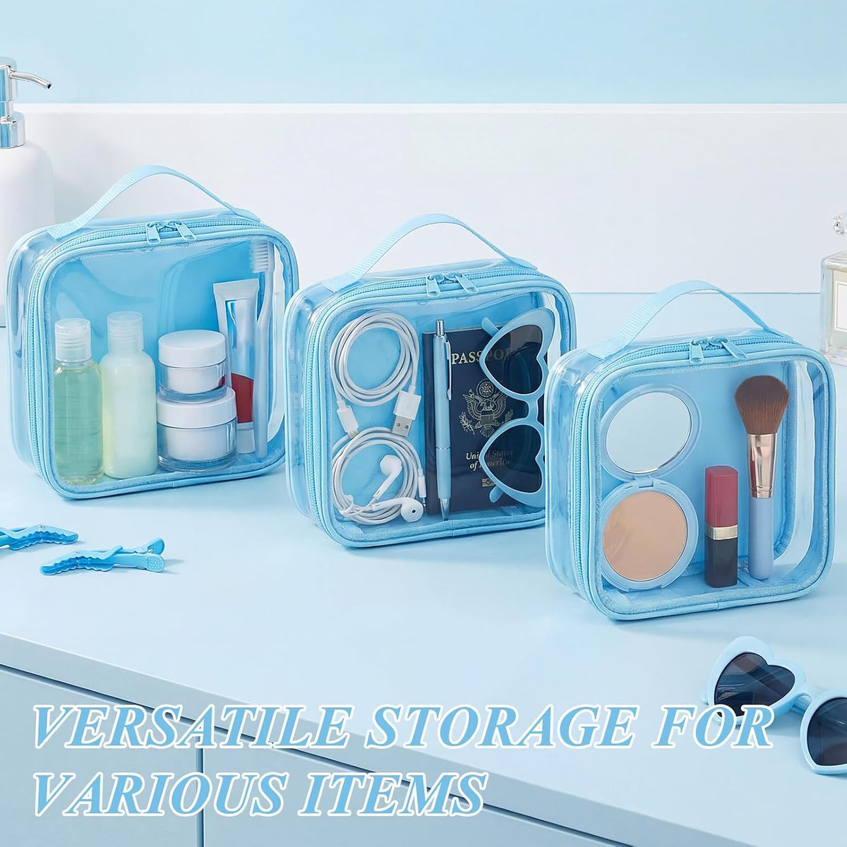 Abbylike 3 Pcs Small Toiletry Bags Reusable Quart Size Travel Liquid Pouch Single-sided Clear PVC Carry-on Organizer with Handle Cosmetic Bags for Airport Security Women Men(Light Blue)