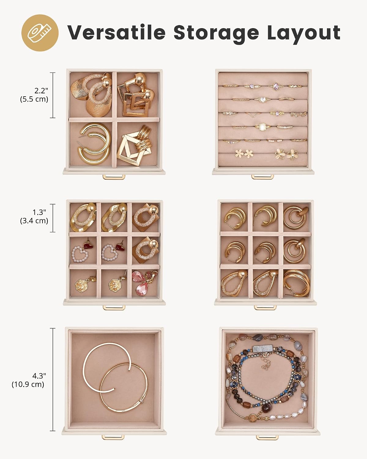 Lolalet Large Jewelry Box Organizer for Women, PU Leather Jewelry Case with Necklace Holder & Multiple Drawers, Tabletop Dresser Storage for Earrings Rings Chains, Gift for Girls -L, Beige