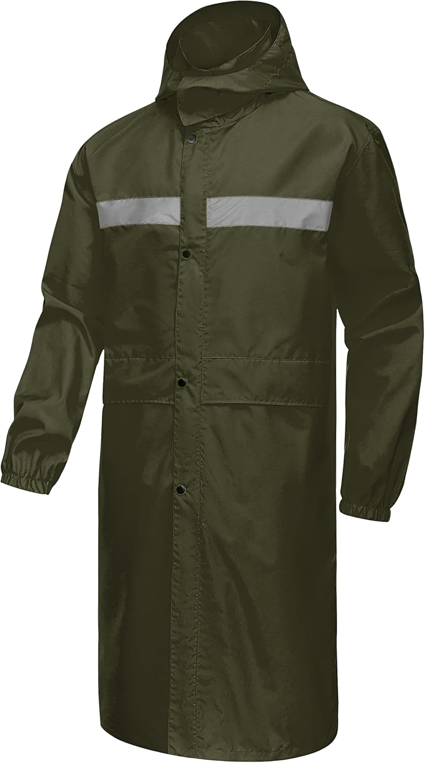 CREATMO US Men's Long Rain Coat Waterproof Packable Rain Jacket Outdoor Lightweight Windbreaker with Hood