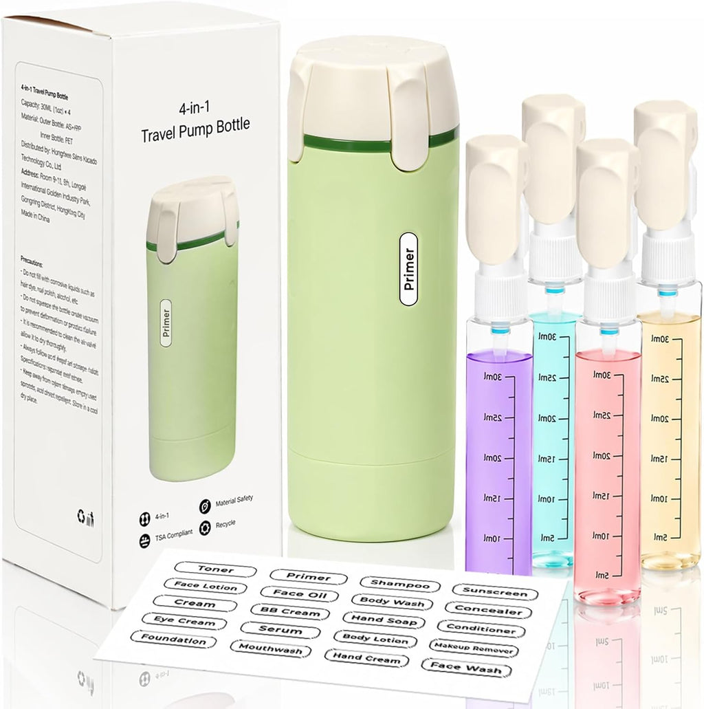 4 in 1 Travel Dispenser Bottle, Leakproof Travel Size Toiletries Holder, Refillable Portable Containers for Shampoo Lotion Conditioner Cream Transparent with Label (Green)