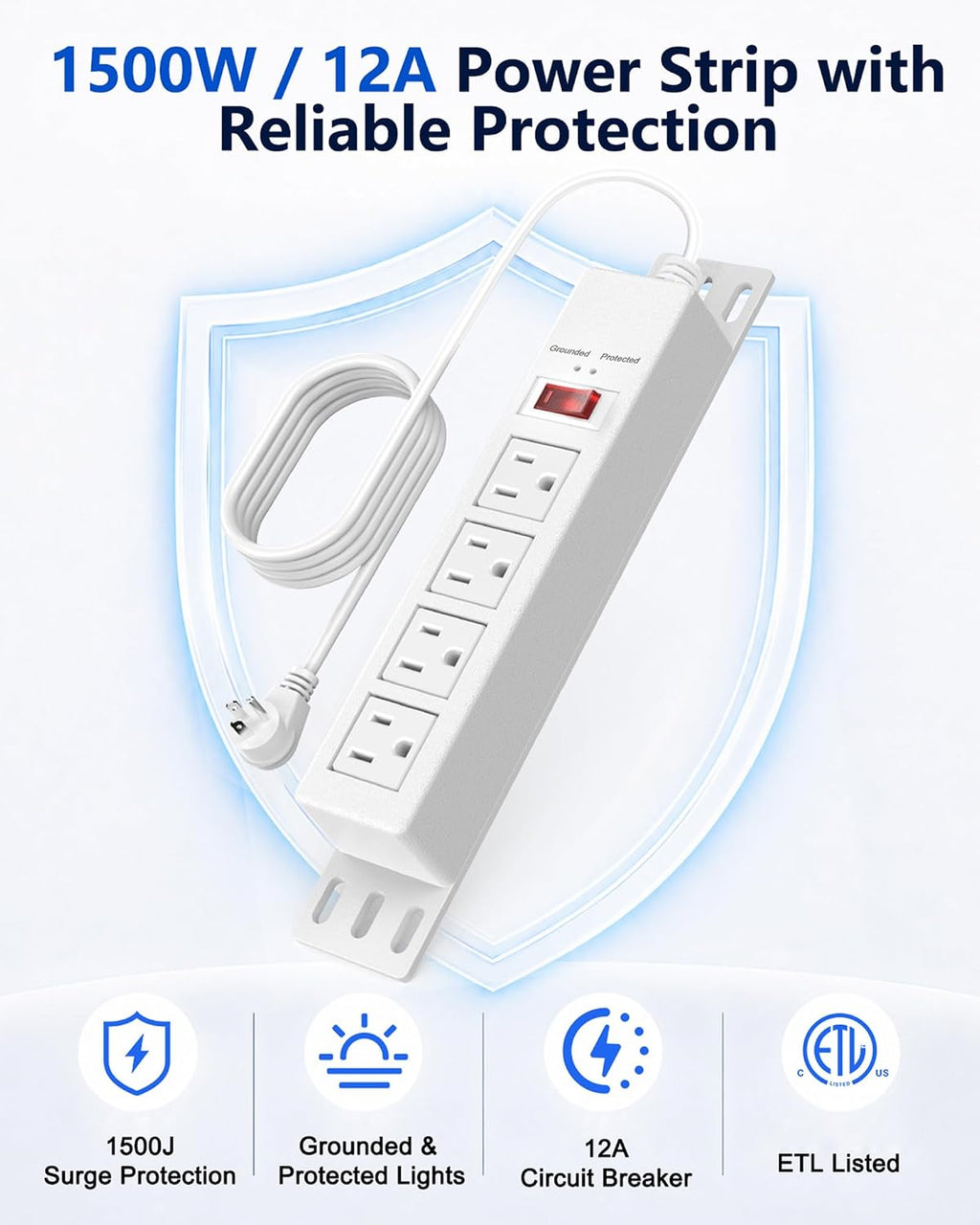 1500J Small Surge Protector Power Strip 4 Outlets 3 ft, White