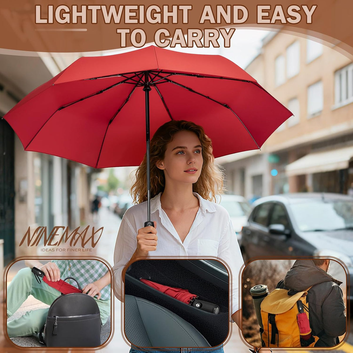 NINEMAX Windproof Travel Folding Umbrella for Men Women, Portable Compact Umbrellas Automatic Open and Close for Rain