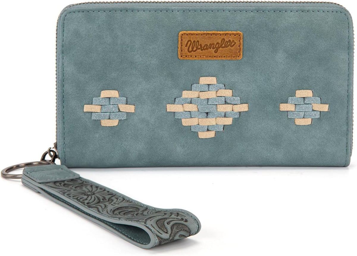 Wrangler Wristlet Wallet, Women Clutch Purses RFID Blocking with Aztec Boho Western Wrist Strap, Wristlet Purse with Zipper Pocket Card Holder for Women Girls Casual Travel Daily, WG310-W006JN