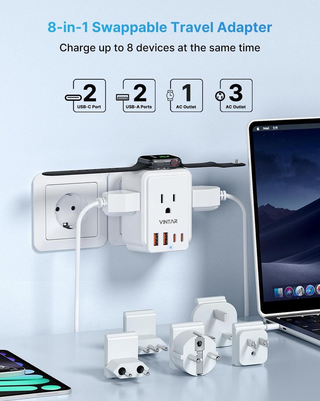 VINTAR European Travel Plug Adapter Kit for Apple Watch, Type A,C,G,E/F,L