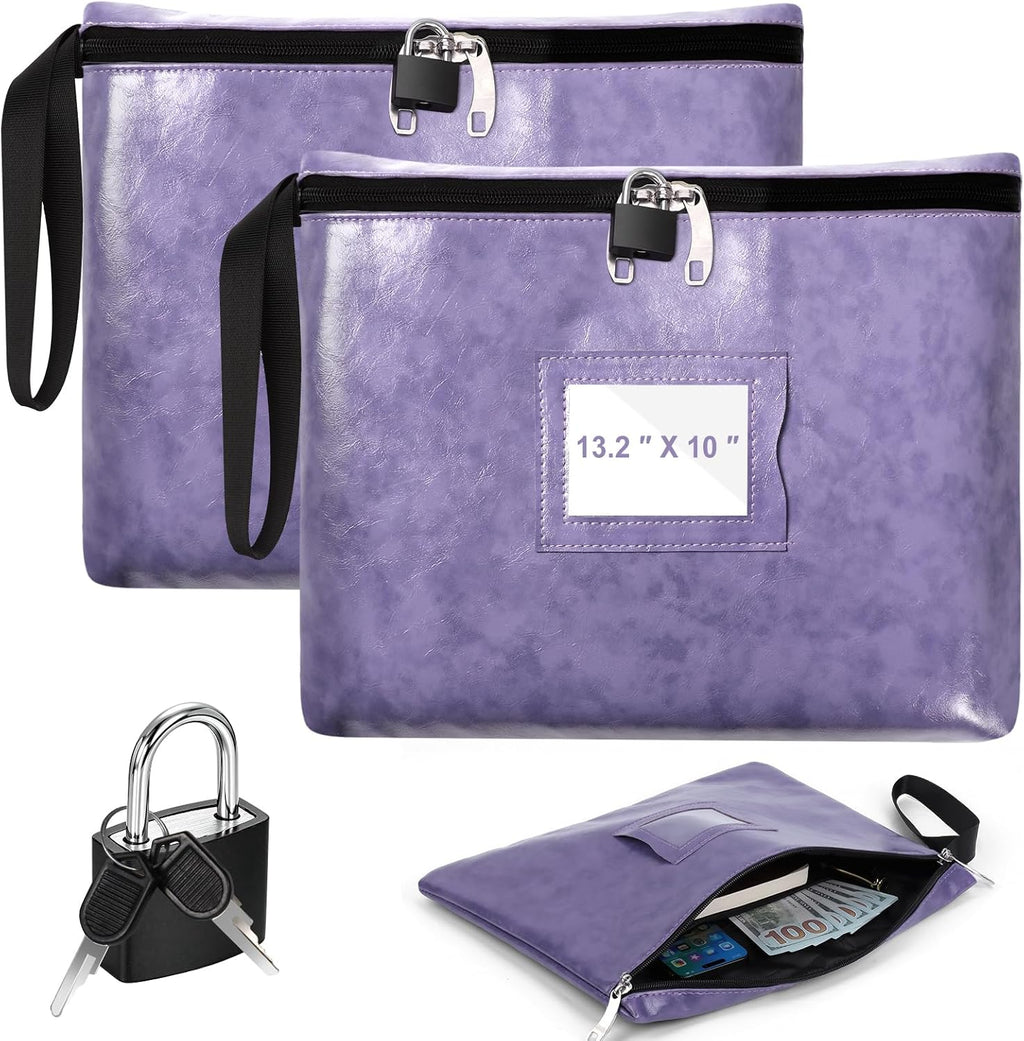 2 Pack Purple Notary Bag With Lock 13.2 * 10 Inch Waterproof Notary Supplies Bag For Women Pu Leather Document Organizer Zipper File Pouch Money Bank Deposit Bags For Passport Cash Stamp Travel