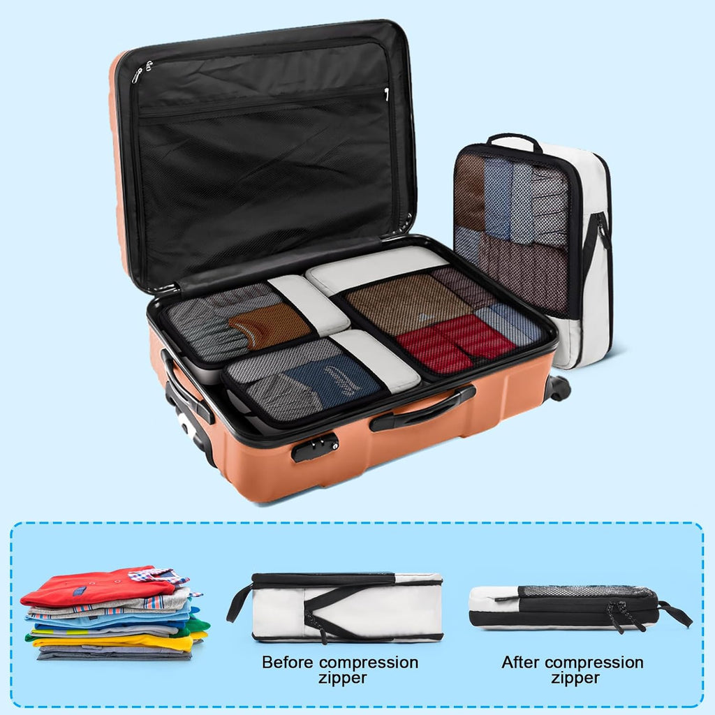 4 PCS Set Compression Packing Cubes for Travel, Lightweight Packaging Organizer Bags for Carry On Space Saving, Travel Essentials Cubes for Suitcase Backpack, Beige