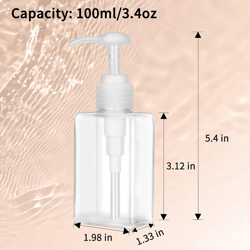 100ml (3.4oz) Pump Bottle Dispenser Jansburg 2 Pack Refillable Flat Square Plastic Lotion Dispenser Leakproof Empty Lotion Pump Bottle for Essential Oil Soap Lotion Shampoo Clear