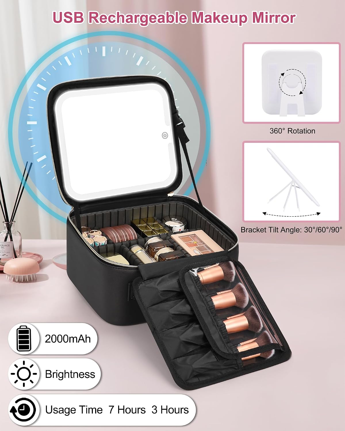 Relavel Initial Makeup Bag with LED Mirror for Women Girls, Personalized Travel Cosmetic Organizer Train Case, Birthday Gifts for Grandkids Bridesmaid Graduation Teacher Friends, Trendy Stuff, Black F