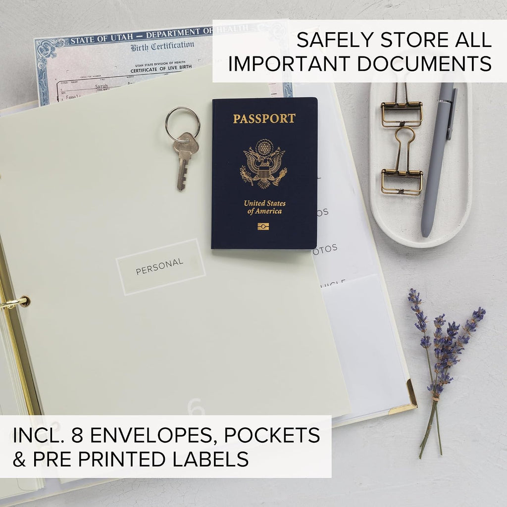 Aesthetic Document Organizer Folio - Linen Cover Life and Family Emergency Binder - Perfect Files Organizer for Your Important Documents, Birth Certificates, Passports, Social Security Cards, Photo
