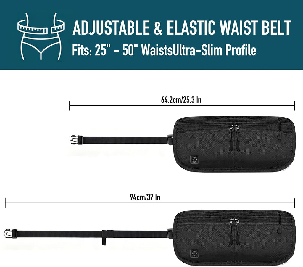 3-in-1 RFID Blocking Money Belt for Travel, Anti- Eletronic Theft Travel Fanny Pack with Adjustable Strap, Lightweight Neck Wallet for Passport, Credit Cards, Phone, and Cash–for Men & Women（Black）