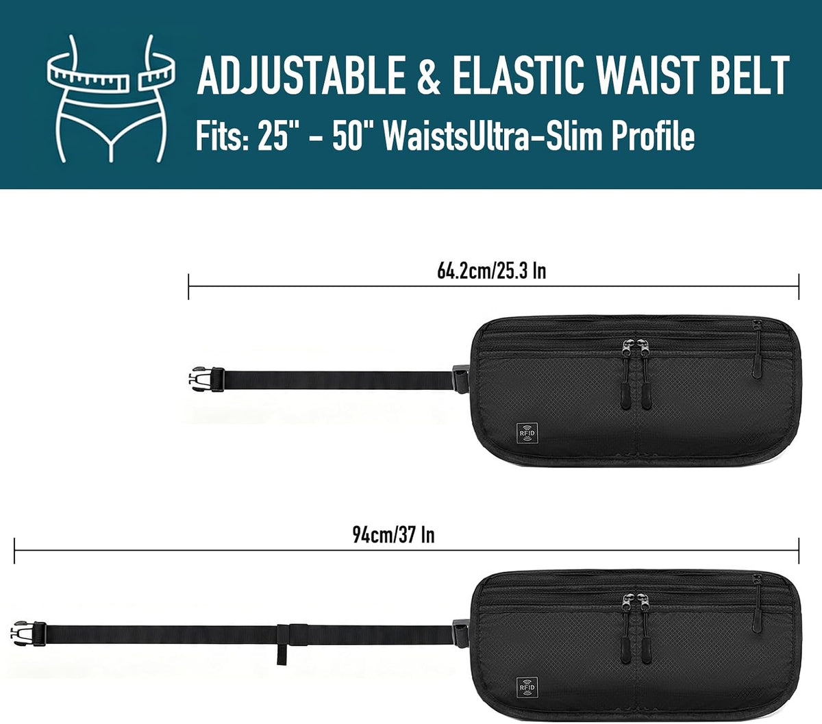 3-in-1 RFID Blocking Money Belt for Travel, Anti- Eletronic Theft Travel Fanny Pack with Adjustable Strap, Lightweight Neck Wallet for Passport, Credit Cards, Phone, and Cash–for Men & Women（Black）