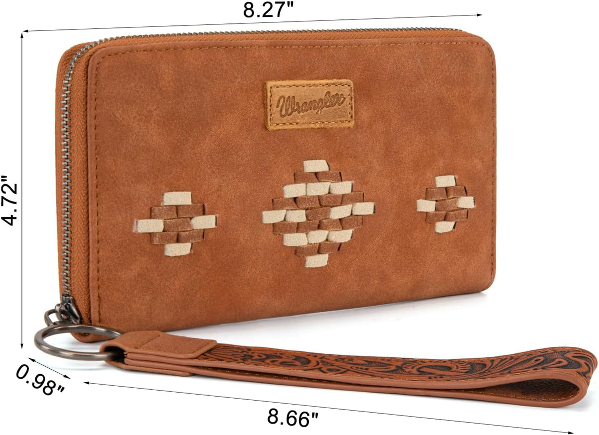Wrangler Wristlet Wallet, Women Clutch Purses RFID Blocking with Aztec Boho Western Wrist Strap, Wristlet Purse with Zipper Pocket Card Holder for Women Girls Casual Travel Daily, WG310-W006BR
