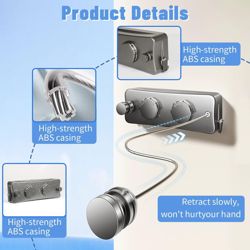 Retractable Clothesline Indoor Wall Mounted Invisible Clothes Line Heavy Duty 304 Stainless Steel String 16.7 Ft Extension Family-Friendly No-Drill Air-Drying Solution for Small Apartments Gray