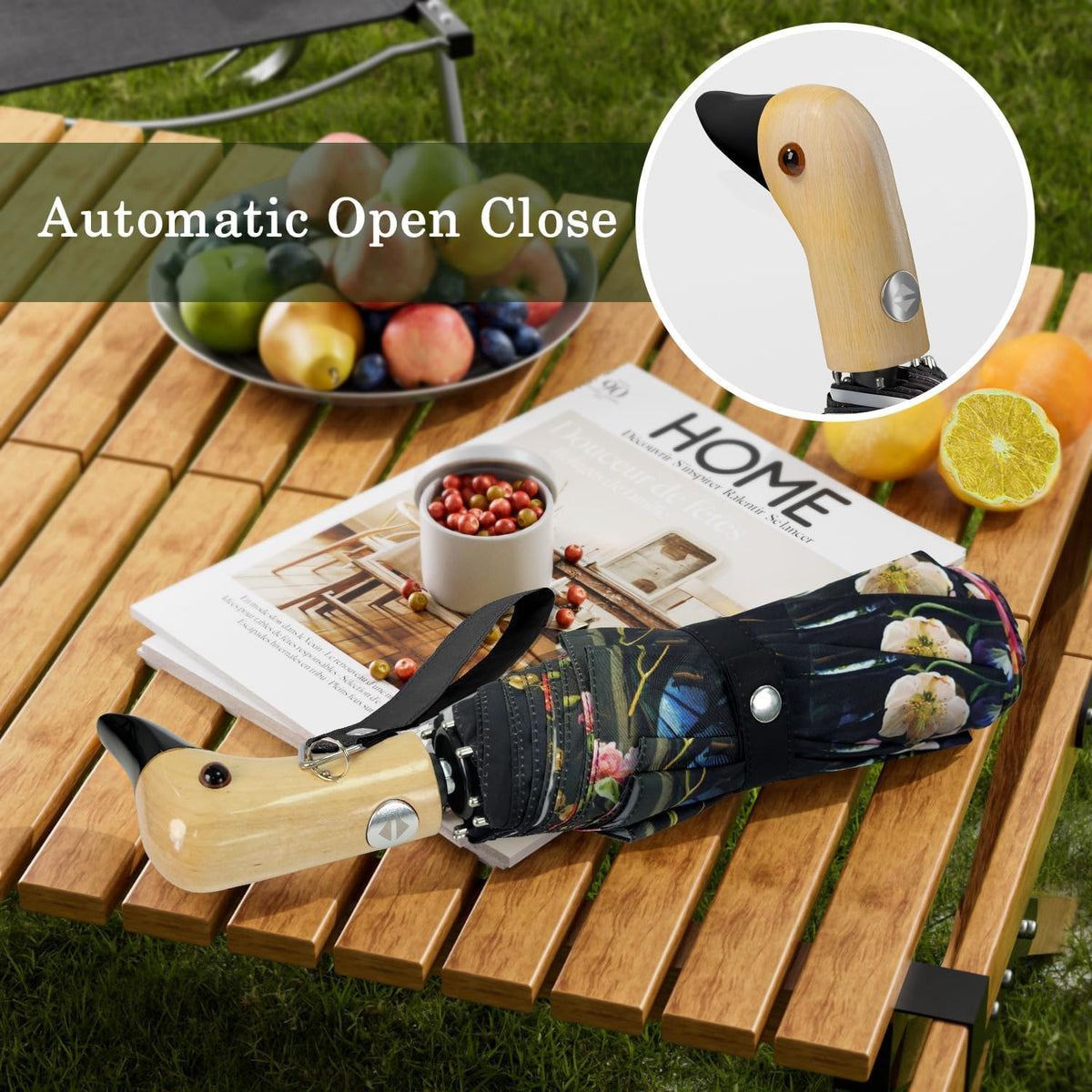 Cute Duck Umbrella Automatic Compact Folding Travel Rain for Women Kids