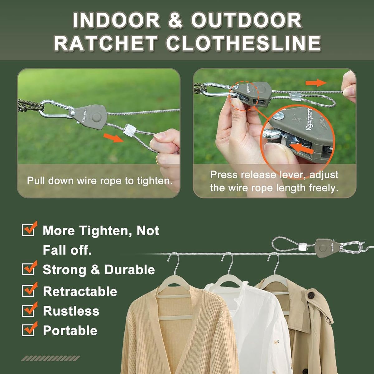Vigorport Outdoor Retractable Clothesline, Portable Travel Clothes Line